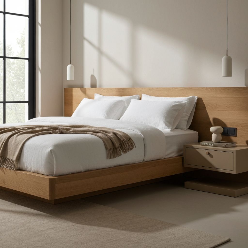 Dormitorio sereno con cama de madera clara y textiles neutros