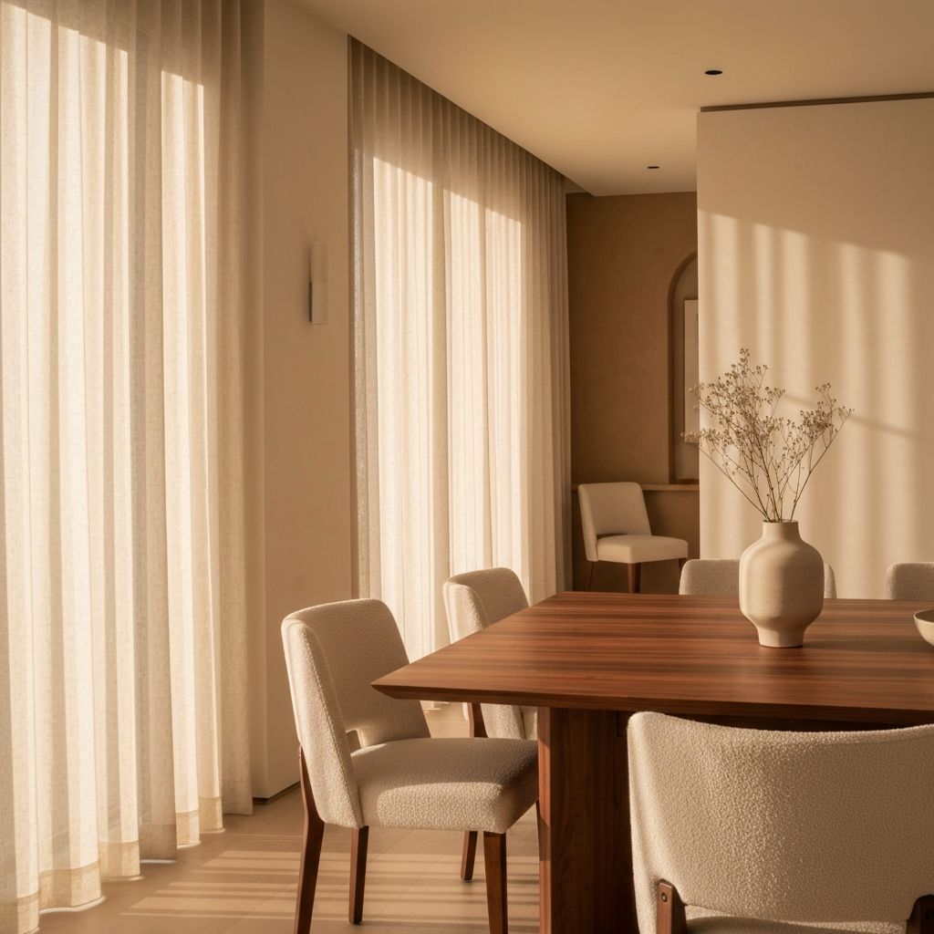 Mesa de comedor de nogal con sillas tapizadas en crema bajo luz cálida