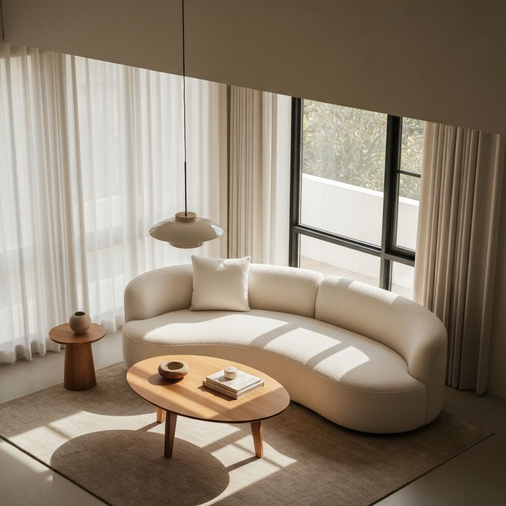 Salón contemporáneo con sofá curvo en tonos neutros